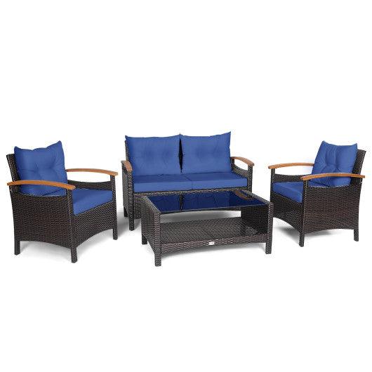 4 Pieces Patio Rattan Furniture Set with Cushioned Sofa and Storage Table-Navy at Set Shop and Smile