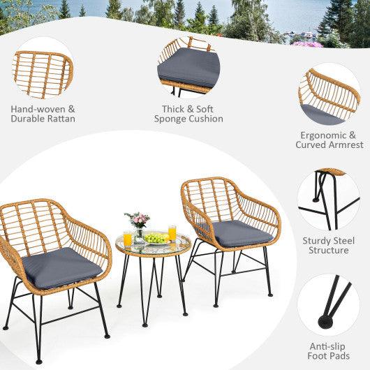 3 Pieces Rattan Furniture Set with Cushioned Chair Table-Gray at Set Shop and Smile
