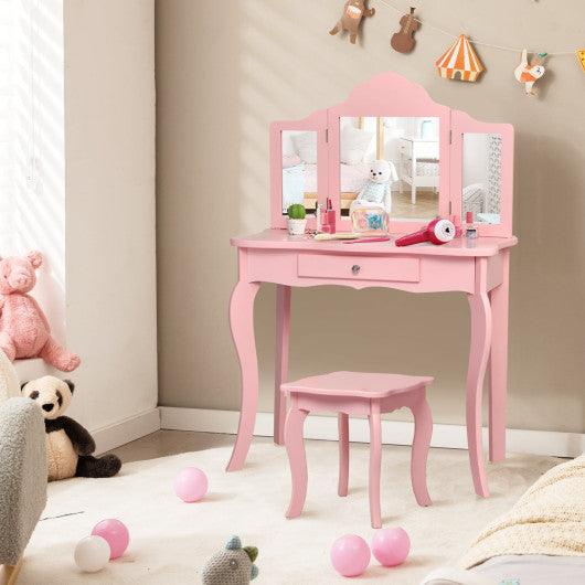 Kids Makeup Dressing Mirror Vanity Table Stool Set-Pink at Set Shop and Smile