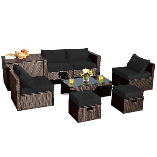 8 Pieces Patio Space-Saving Rattan Furniture Set with Storage Box and Waterproof Cover-Black at Set Shop and Smile