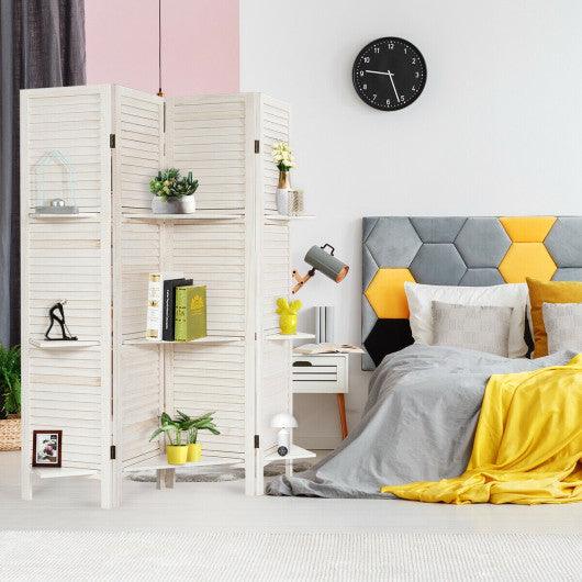 4 Panel Folding Room Divider Screen with 3 Display Shelves-White at Set Shop and Smile