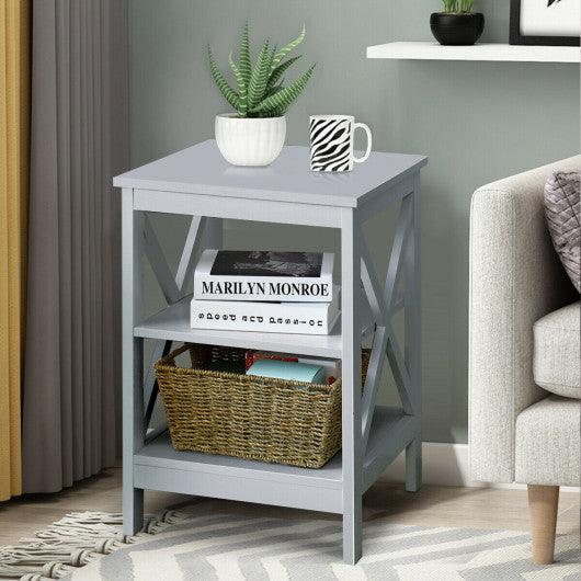 3-Tier Nightstand End Table with X Design Storage -Gray at Set Shop and Smile