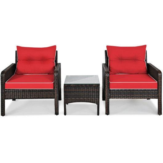3 Pcs Outdoor Patio Rattan Conversation Set with Seat Cushions-Red at Set Shop and Smile