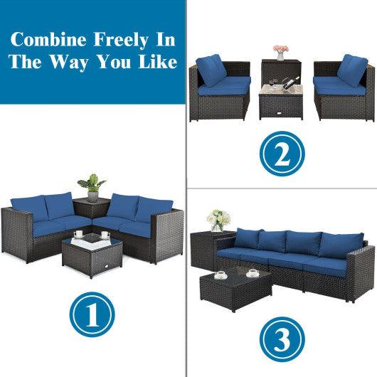 4 Pieces Outdoor Patio Rattan Furniture Set with Cushioned Loveseat and Storage Box-Navy at Set Shop and Smile