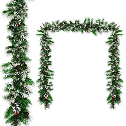 9 Feet Pre-lit Snow Flocked Tips Christmas Garland with Red Berries at Set Shop and Smile