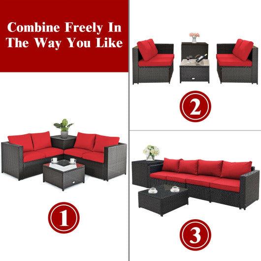 4 Pieces Outdoor Patio Rattan Furniture Set with Cushioned Loveseat and Storage Box-Red at Set Shop and Smile