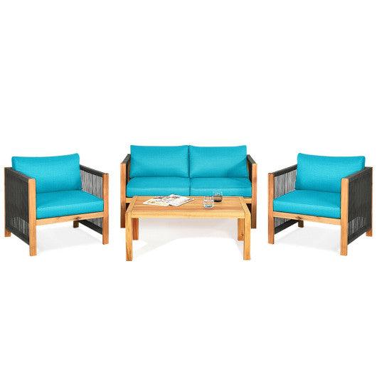 4 Pcs Acacia Wood Outdoor Patio Furniture Set with Cushions-Turquoise at Set Shop and Smile