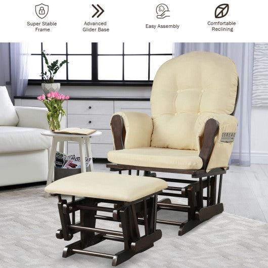Wood Glider and Ottoman Set with Padded Armrests and Detachable Cushion-Beige at Set Shop and Smile