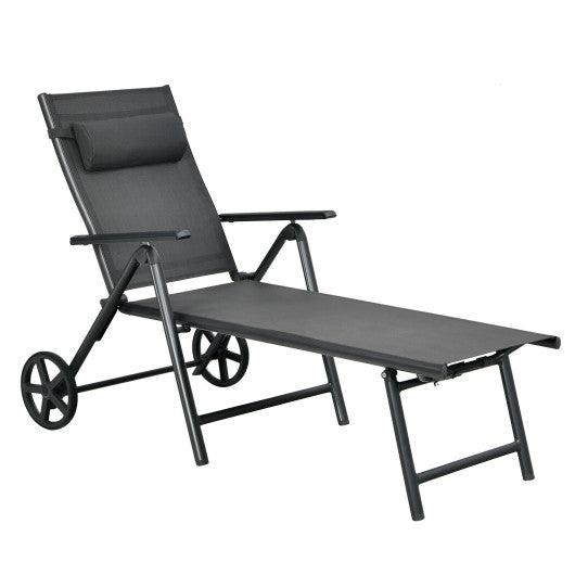 Patio Lounge Chair with Wheels Neck Pillow Aluminum Frame Adjustable-Gray at Set Shop and Smile