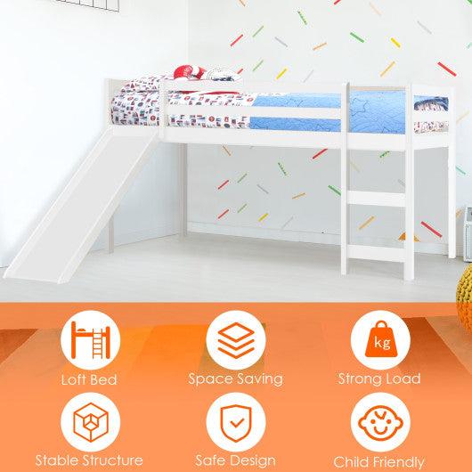 Twin Size Low Sturdy Loft Bed with Slide Wood-White at Set Shop and Smile
