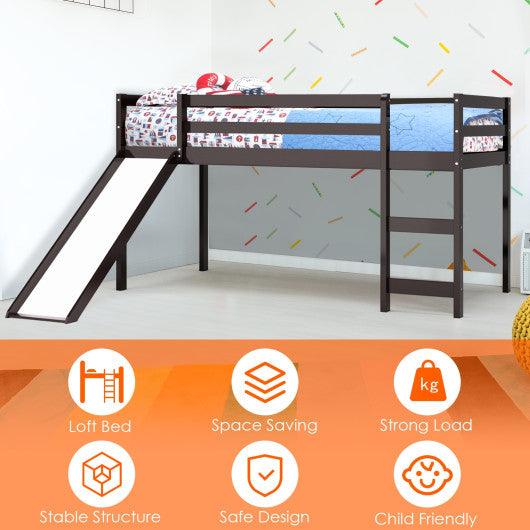 Twin Size Low Sturdy Loft Bed with Slide Wood-Dark Brown at Set Shop and Smile