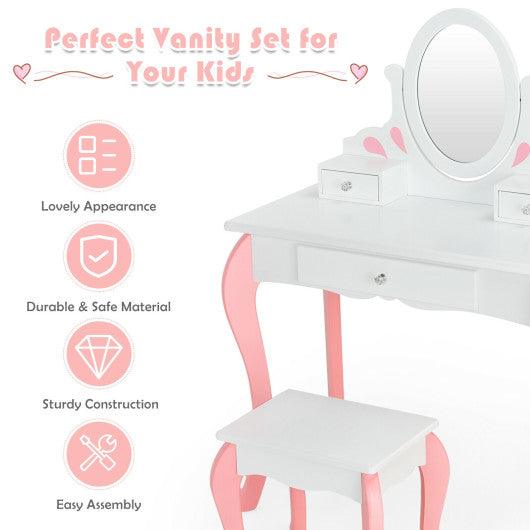 Kids Vanity Princess Makeup Dressing Table Stool Set with Mirror and Drawer-White at Set Shop and Smile