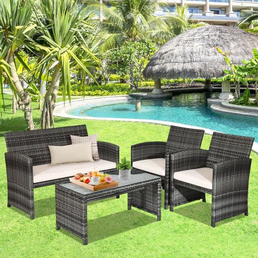 4 Pcs Patio Rattan Furniture Set Top Sofa With Glass Table-White at Set Shop and Smile