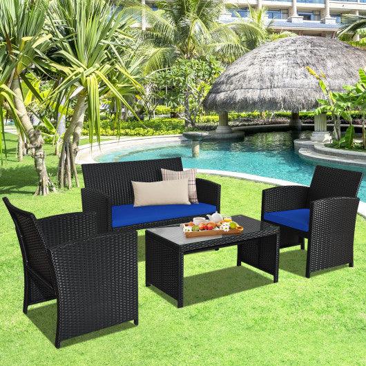 4 Pieces Rattan Patio Furniture Set with Weather Resistant Cushions and Tempered Glass Tabletop-Navy at Set Shop and Smile