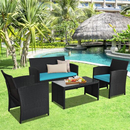 4 Pieces Rattan Patio Furniture Set with Weather Resistant Cushions and Tempered Glass Tabletop-Turquoise at Set Shop and Smile
