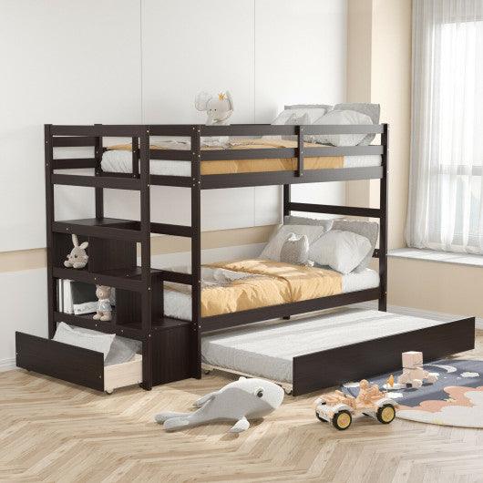 Twin Over Twin Bunk Bed with Storage Shelf and Drawer-Dark Brown at Set Shop and Smile