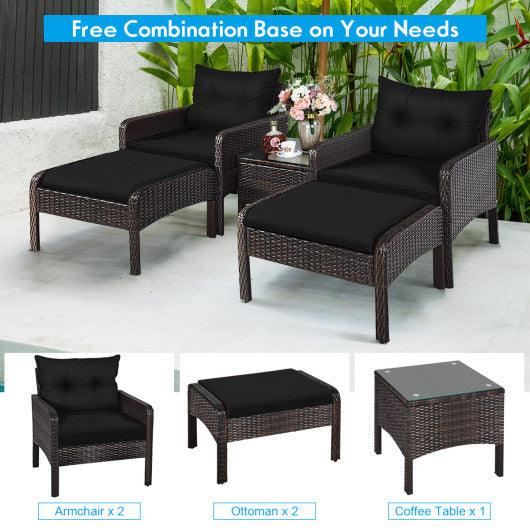 5 Pieces Patio Rattan Sofa Ottoman Furniture Set with Cushions-Black at Set Shop and Smile