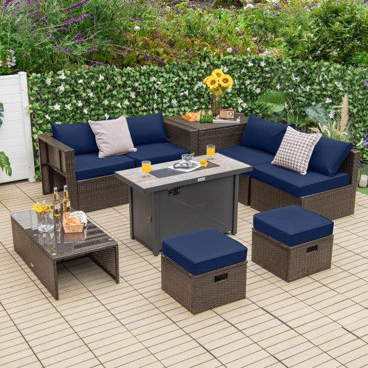 9 Pieces Outdoor Patio Furniture Set with 42 Inch Propane Fire Pit Table-Navy at Set Shop and Smile