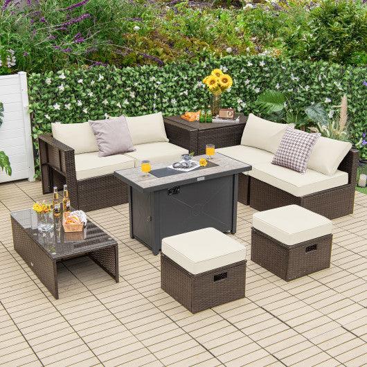 9 Pieces Outdoor Patio Furniture Set with 42 Inch Propane Fire Pit Table-White at Set Shop and Smile