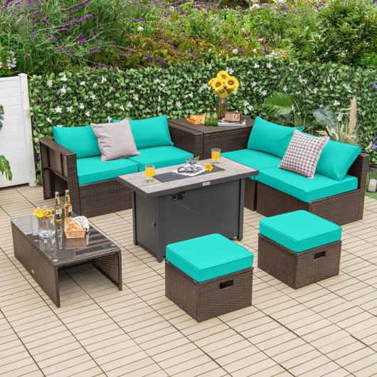9 Pieces Outdoor Patio Furniture Set with 42 Inch Propane Fire Pit Table-Turquoise at Set Shop and Smile
