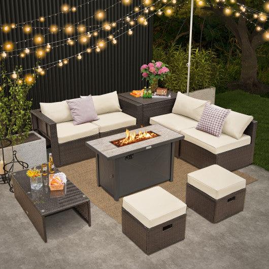 9 Pieces Outdoor Patio Furniture Set with 42 Inch Propane Fire Pit Table-White at Set Shop and Smile