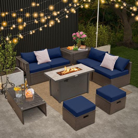 9 Pieces Outdoor Patio Furniture Set with 42 Inch Propane Fire Pit Table-Navy at Set Shop and Smile