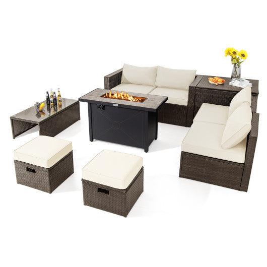 9 Pieces Outdoor Patio Furniture Set with 42 Inch Propane Fire Pit Table-White at Set Shop and Smile