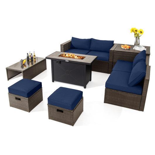 9 Pieces Outdoor Patio Furniture Set with 42 Inch Propane Fire Pit Table-Navy at Set Shop and Smile