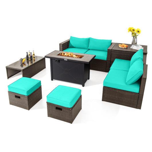 9 Pieces Outdoor Patio Furniture Set with 42 Inch Propane Fire Pit Table-Turquoise at Set Shop and Smile