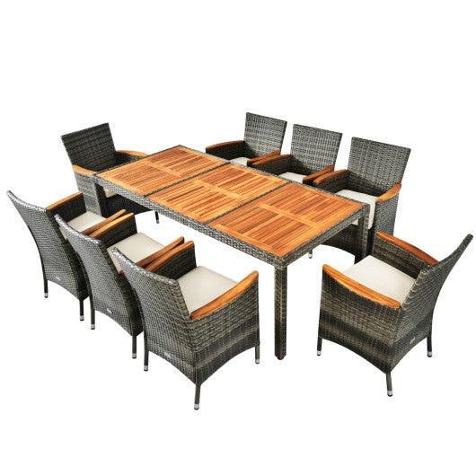 9 Pieces Rattan Patio Dining Set with Acacia Wood Table and Cushioned Chair at Set Shop and Smile