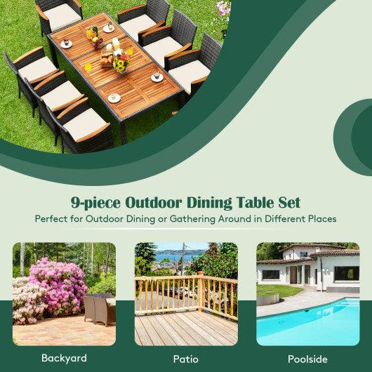 9 Pieces Rattan Patio Dining Set with Acacia Wood Table and Cushioned Chair at Set Shop and Smile