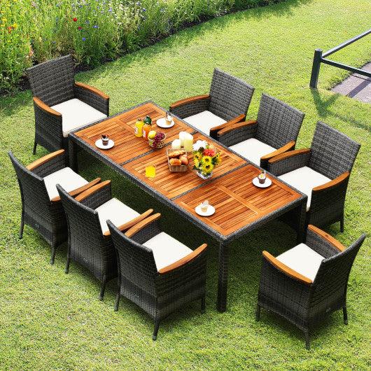 9 Pieces Rattan Patio Dining Set with Acacia Wood Table and Cushioned Chair at Set Shop and Smile