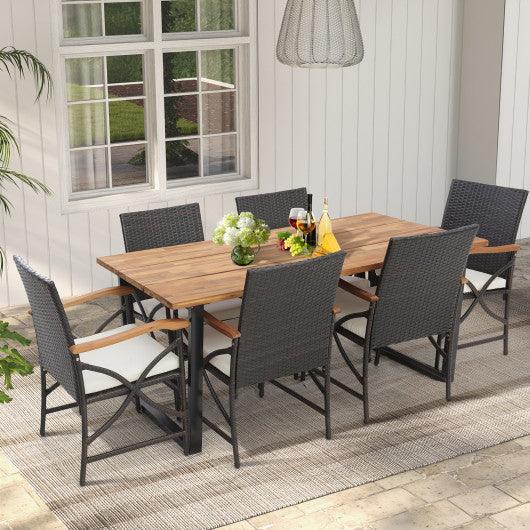 Acacia Wood Table and 6 Wicker Chairs with Umbrella Hole at Set Shop and Smile
