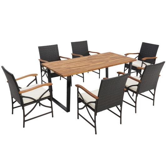 Acacia Wood Table and 6 Wicker Chairs with Umbrella Hole at Set Shop and Smile