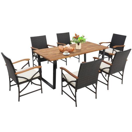 Acacia Wood Table and 6 Wicker Chairs with Umbrella Hole at Set Shop and Smile