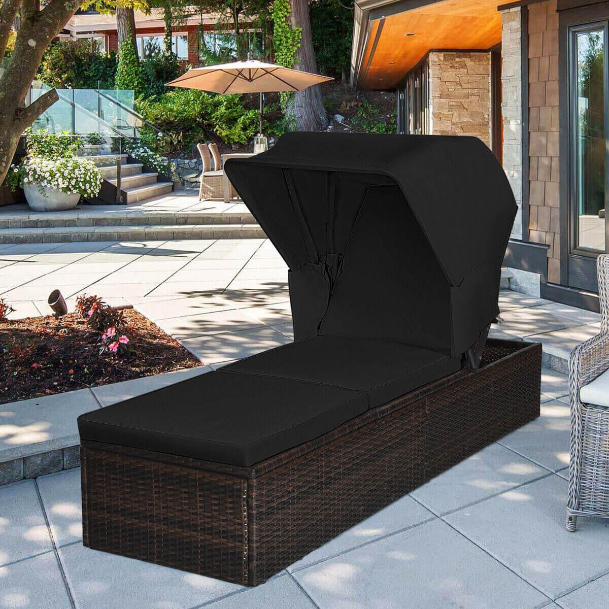 Outdoor Adjustable Cushioned Chaise Lounge Chair with Folding Canopy-Black at Set Shop and Smile