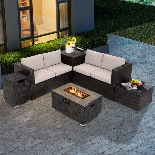 6 Pieces Outdoor Wicker Furniture Set with 32 Inch Propane Fire Pit Table-Beige at Set Shop and Smile
