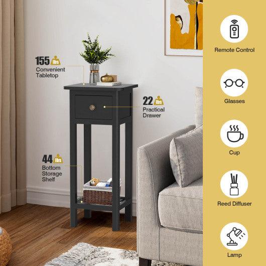 2 Tier Slim Nightstand Bedside Table with Drawer Shelf-Black at Set Shop and Smile