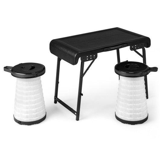 3 Pieces Folding Camping Table Stool Set with 2 Retractable LED Stools-Black at Set Shop and Smile