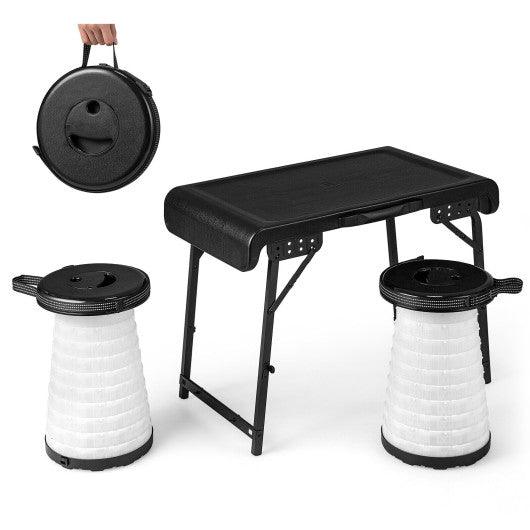 3 Pieces Folding Camping Table Stool Set with 2 Retractable LED Stools-Black at Set Shop and Smile