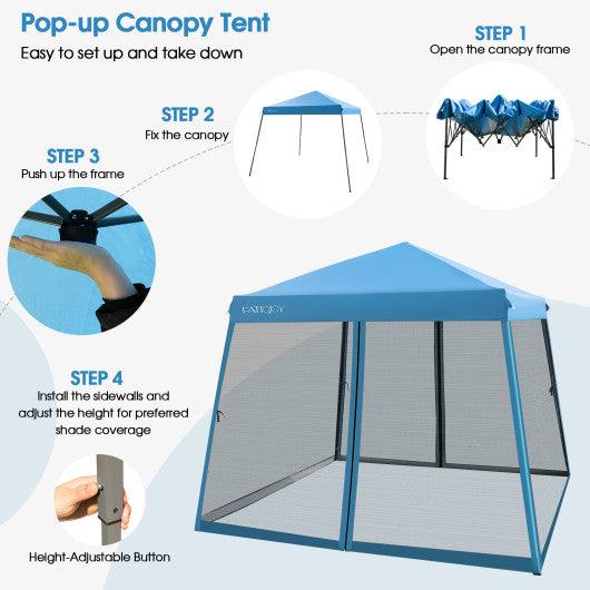 10 x 10 Feet Pop Up Canopy with with Mesh Sidewalls and Roller Bag-Blue at Set Shop and Smile