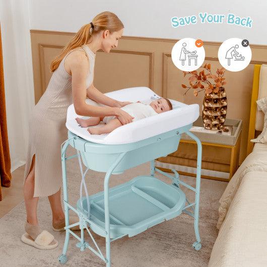 Folding Baby Changing Table with Bathtub and 4 Universal Wheels-Blue at Set Shop and Smile