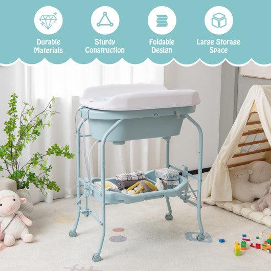 Folding Baby Changing Table with Bathtub and 4 Universal Wheels-Blue at Set Shop and Smile