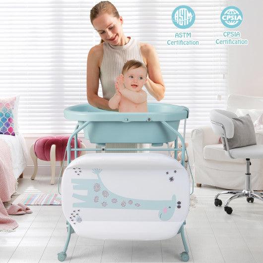 Folding Baby Changing Table with Bathtub and 4 Universal Wheels-Blue at Set Shop and Smile