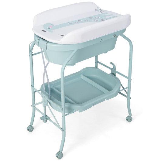 Folding Baby Changing Table with Bathtub and 4 Universal Wheels-Blue at Set Shop and Smile