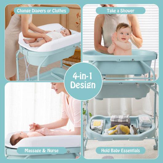 Folding Baby Changing Table with Bathtub and 4 Universal Wheels-Blue at Set Shop and Smile