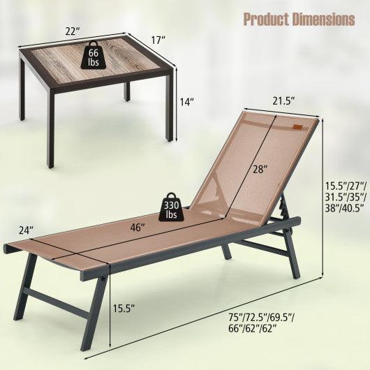 3 Pieces Patio Chaise Lounge Chair and Table Set for Poolside Yard-Brown at Set Shop and Smile