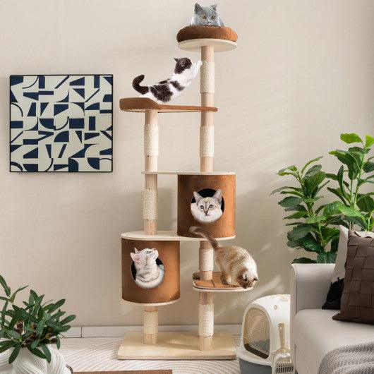 6-Tier Wooden Cat Tree with 2 Removeable Condos Platforms and Perch-Brown at Set Shop and Smile