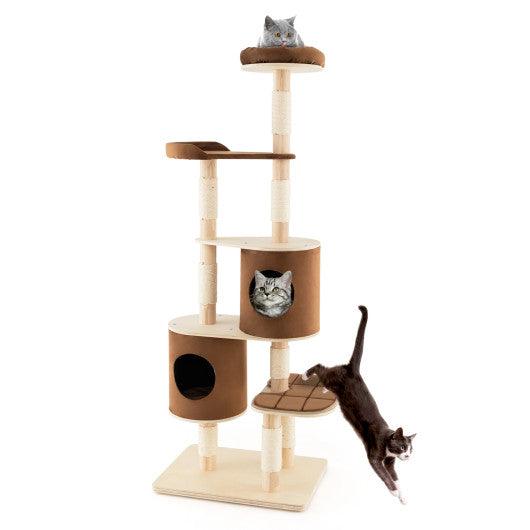 6-Tier Wooden Cat Tree with 2 Removeable Condos Platforms and Perch-Brown at Set Shop and Smile