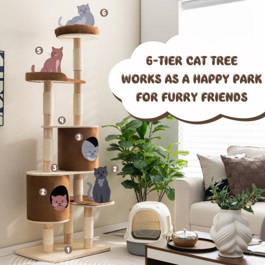 6-Tier Wooden Cat Tree with 2 Removeable Condos Platforms and Perch-Brown at Set Shop and Smile